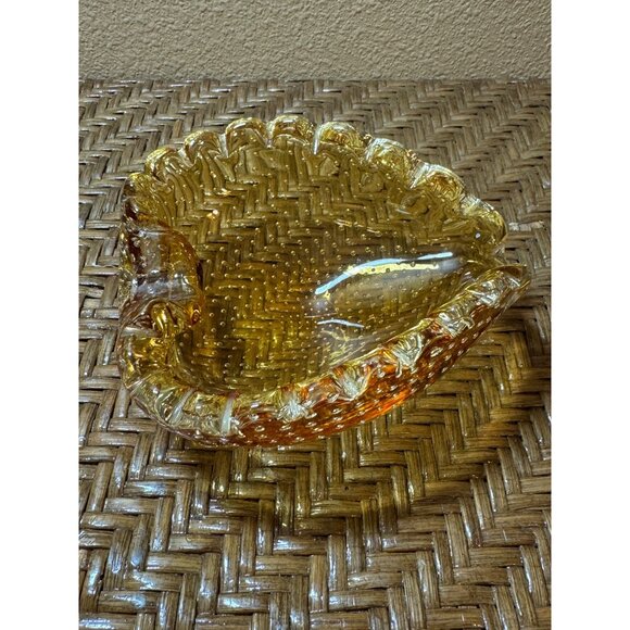 Vintage Amber Murano Bullicant Glass Heart-Shaped Ashtray Controlled Bubble - Picture 1 of 10